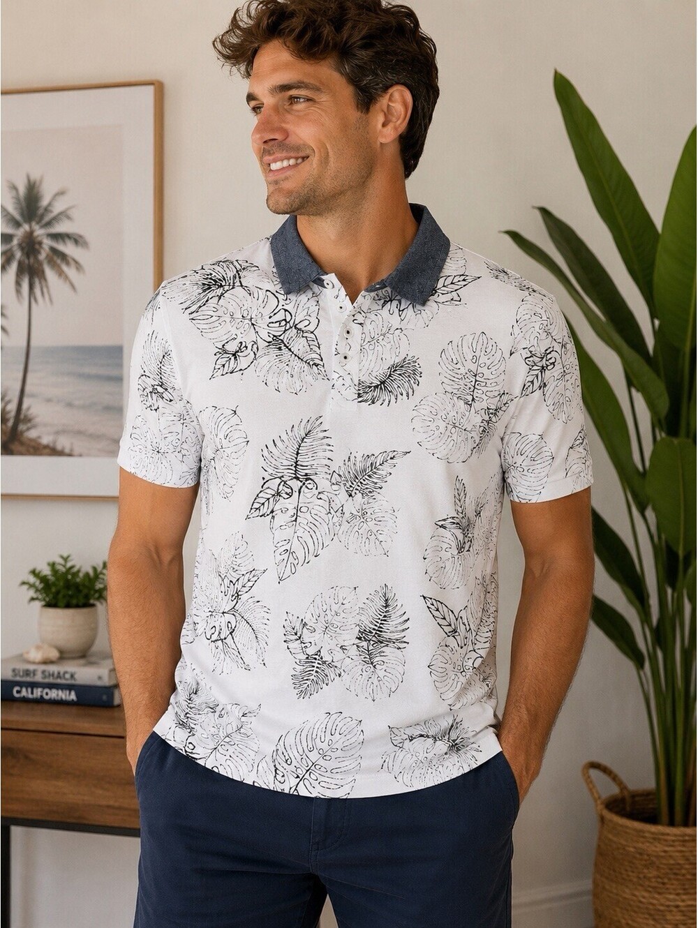 GUESS Men’s XL Polo Shirt Tropical Leaf Print White Black Short Sleeve Cotton